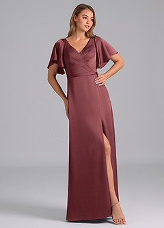 Azazie Ambrosia Bridesmaid Dresses Merlot A-Line Pleated Stretch Satin Dress image4