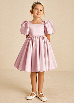 Azazie Muffin Blumenmädchenkleider A-Linie mit ärmel Matte Satin Kleid Puderrosa image2
