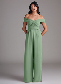 Azazie Lamara Robes de demoiselle d'honneur Combinaison Convertible en Mousseline de soie Épaule décolletée Matcha image3