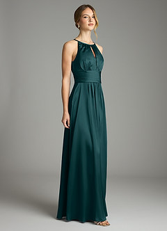 Azazie Bonnie Bridesmaid Dresses Pine A-Line Pleated Stretch Satin Dress image4