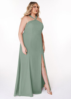 Azazie Rue Vestidos de damas de honor Vestido de Salvia Plateada de Gasa de Corte en A con Halter image10