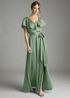 Azazie Lainey Vestidos de damas de honor Vestido de Matcha de Satén Elástico de Corte en A con Con bolsillos image1