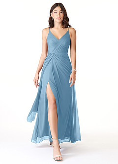 Azazie Evalin Robes de demoiselle d'honneur Robe Trapèze en Maille Col V plissé Acier Bleuté image1