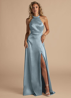 Azazie Clarice At-home Try On Dresses Auburn A-Line High Neck Metallic Satin Dress image4