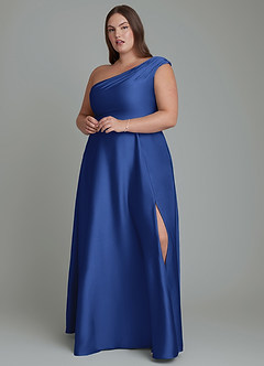 Azazie Melanie Vestidos de damas de honor Vestido Azul Real de Satén Elástico de Línea A con Hombros descubiertos image1