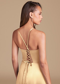 Azazie Maksim Bridesmaid Dresses Gold A-Line Metallic Satin Dress image2