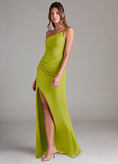 Azazie Eren Vestidos de damas de honor Vestido de Hierba De Limón de Gasa de Corte Recto con Hombro unilateral image5