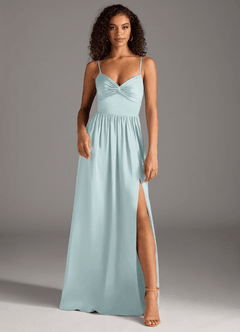 Azazie Zeya Bridesmaid Dresses Mist A-Line Pleated Stretch Satin Dress image2