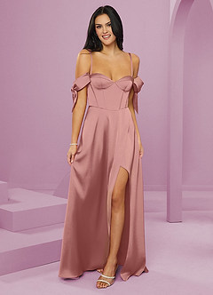 Barbie ♥ Azazie Bridesmaid Dresses Rosette A-Line Off the Shoulder Stretch Satin Dress image6