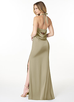Azazie Myla Vestidos de damas de honor Vestido de Musgo Verde de Satén Elástico de Corte Recto con Ojo de cerradura de capucha image2