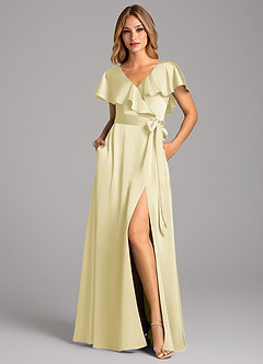 Azazie Lainey Jurken voor bruidsmeisjes Jurk van Stretch Satijn met A-Lijn met Zakken Citroensorbet image4