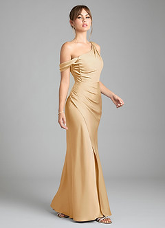 Azazie Madelyn Bridesmaid Dresses Gold Mermaid One Shoulder Stretch Satin Convertible Dress image5
