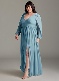 Azazie Norah Bridesmaid Dresses Moody Blue A-Line V-Neck Long Sleeve Chiffon Dress image11