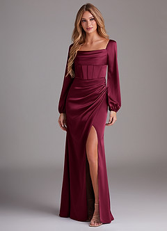 Azazie Charissa Bridesmaid Dresses Burgundy Sheath Long Sleeve Stretch Satin Dress image4