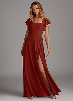 Azazie Bondi Robes de demoiselle d'honneur Robe Trapèze en Mousseline extensible Fente Latérale Rouille image3