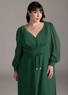 Azazie Sage Schlussverkauf A-Linie Langarm Chiffon Kleid Dunkelgrün image10