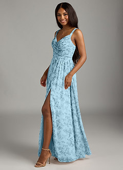 Azazie Chanel Bridesmaid Dresses Blue Fern Floral A-Line Pleated Chiffon Dress image5