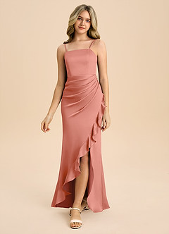 Azazie Buzzy Junior Salmon Pink Sheath Pleated Stretch Satin Dress image5