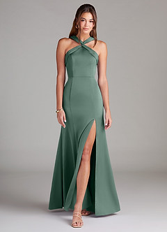 Azazie Rue Bridesmaid Dresses Eucalyptus A-Line Pleated Stretch Satin Dress image3
