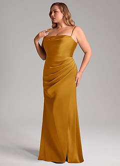 Azazie Leonis Bridesmaid Dresses Butterscotch Mermaid Pleated Stretch Satin Convertible Dress image12