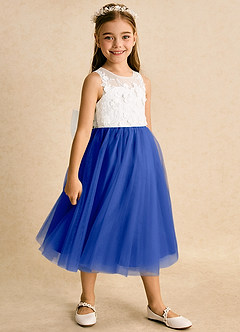 Azazie Lina Flower Girl Dresses Ivory Royal Blue Ball-Gown Lace Dress image3
