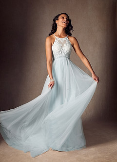 Azazie Odell At-home Try On Dresses Misty Blue A-Line Halter Sequins Tulle Dress image8