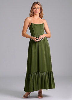 Azazie Leilana Bridesmaid Dresses Olive A-Line Corset Stretch Satin Dress image1