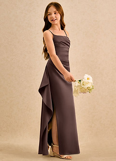 Azazie Cannoli Girls Formal Blumenmädchenkleider A-Linie Plissee Stretch-Satin Kleid Ganache image5