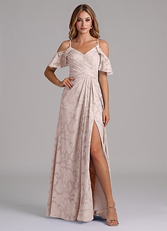 Azazie Dakota Bridesmaid Dresses Blushing Pink A-Line Off the Shoulder Floral Burnout Dress image1