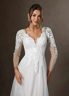 Azazie Essy Vestidos de noiva Vestido Diamante Branco de Tule de Linha A com Lantejoulas image3
