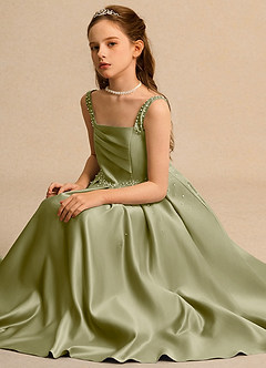 Azazie Mochi Girls Formal Flower Girl Dresses Moss Green Ball-Gown Pleated Matte Satin Dress image3