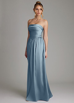 Azazie Zena At-home Try On Dresses Dusty Blue A-Line Strapless Stretch Satin Dress image5