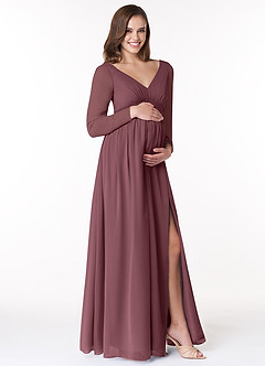 Azazie Teton Maternity Bridesmaid Dresses A-Line Long Sleeve Chiffon Floor-Length Dress image4