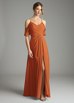 Azazie Dakota Vestidos de damas de honor Vestido de Canela de Gasa de Corte en A con Cuello en V plisado image3