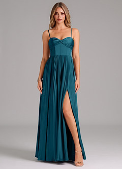 Azazie Akiko Robes de demoiselle d'honneur Robe Trapèze en Satin extensible Encolure en Forme de Cœur Bleu Encre image1
