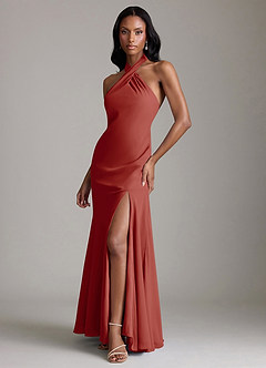 Azazie Lorena Bridesmaid Dresses Terracotta Mermaid Pleated Chiffon Dress image4