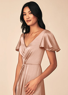 Azazie Soren Bridesmaid Dresses Rose Gold A-Line Pleated Stretch Satin Dress image7