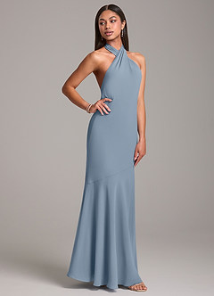 Azazie Lorena At-home Try On Dresses Dusty Blue Mermaid Pleated Chiffon Dress image5
