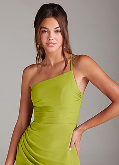 Azazie Eren Vestidos de damas de honor Vestido de Hierba De Limón de Gasa de Corte Recto con Hombro unilateral image6