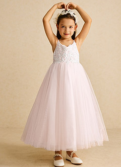 Azazie Buttercup Flower Girl Dresses Ivory Rose Petal A-Line Lace Tulle Dress image4
