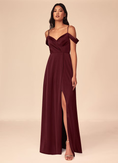 Azazie Ocean Bridesmaid Dresses Cabernet A-Line V-Neck Pleated Stretch Satin Dress image1