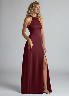 Azazie Clarice Robes de demoiselle d'honneur Robe Trapèze en Satin extensible Col Haut Cabernet image2
