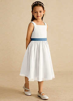Azazie Elina Robe Demoiselle D'honneur Fillette Robe Trapèze en Mousseline de soie Sans manches Ivoire Bleu Bermudes image5