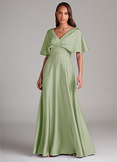 Azazie Pamela Robes de demoiselle d'honneur Robe Trapèze en Satin extensible Plissée Vert Sauge image1