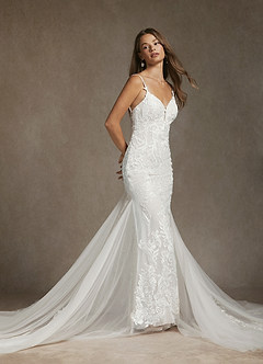 Azazie Josephine At-home Try On Dresses Diamond White Mermaid V-Neck Sequins Tulle Dress image4