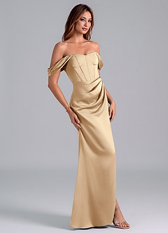 Azazie Asha Bridesmaid Dresses Champagne Sheath Off the Shoulder Stretch Satin Convertible Dress image3