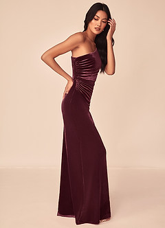 Azazie Argan Bridesmaid Dresses Raspberry A-Line One Shoulder Pleated Velvet Dress image3