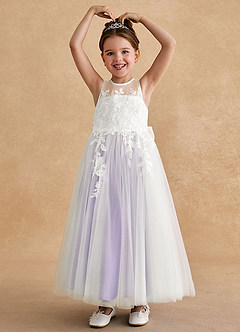 Azazie Bitsy Robe Demoiselle D'honneur Fillette Robe Trapèze en Tulle Dentelle Ivoire Lilas image2