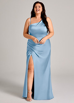 Azazie Madelyn Robes de demoiselle d'honneur Robe Sirène Convertible en Satin extensible Une épaule Poudre Bleue image15