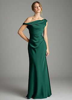 Azazie Emerson Bridesmaid Dresses Emerald Mermaid Off the Shoulder Stretch Satin Dress image1